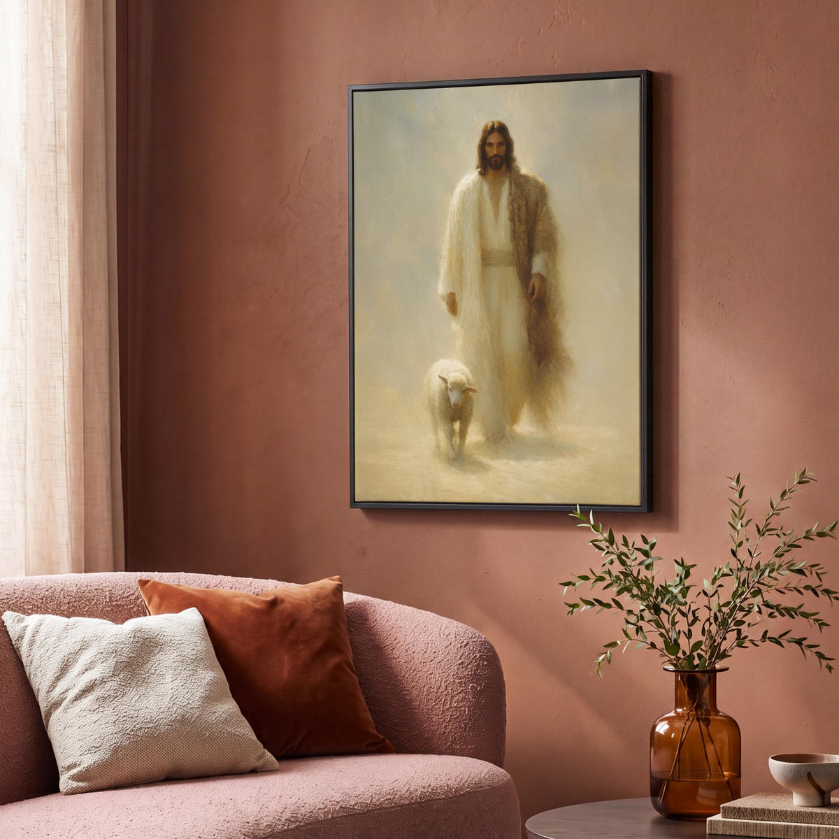 LEINWAND Bilder mit Rahmen - Schaf - Jesus - Pinselstriche - Abstrakt - 70x100 - Beige, Textil (70/100cm) - MuchoWow