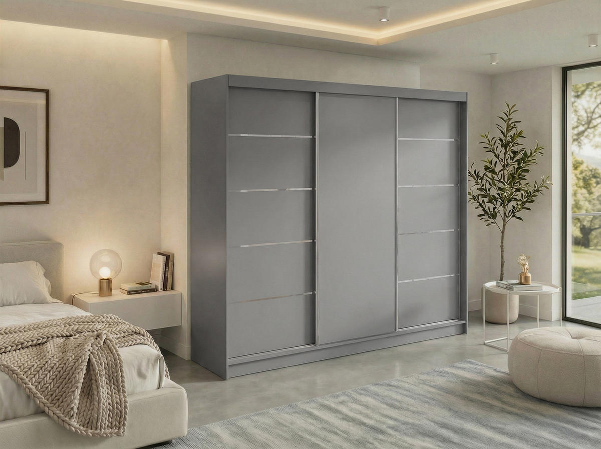 SCHWEBETÜRENSCHRANK mit Schubladen 240 - MACEDONIA - Grau - Alufarben/Grau, Holzwerkstoff/Metall (240/216/61cm) - MKS