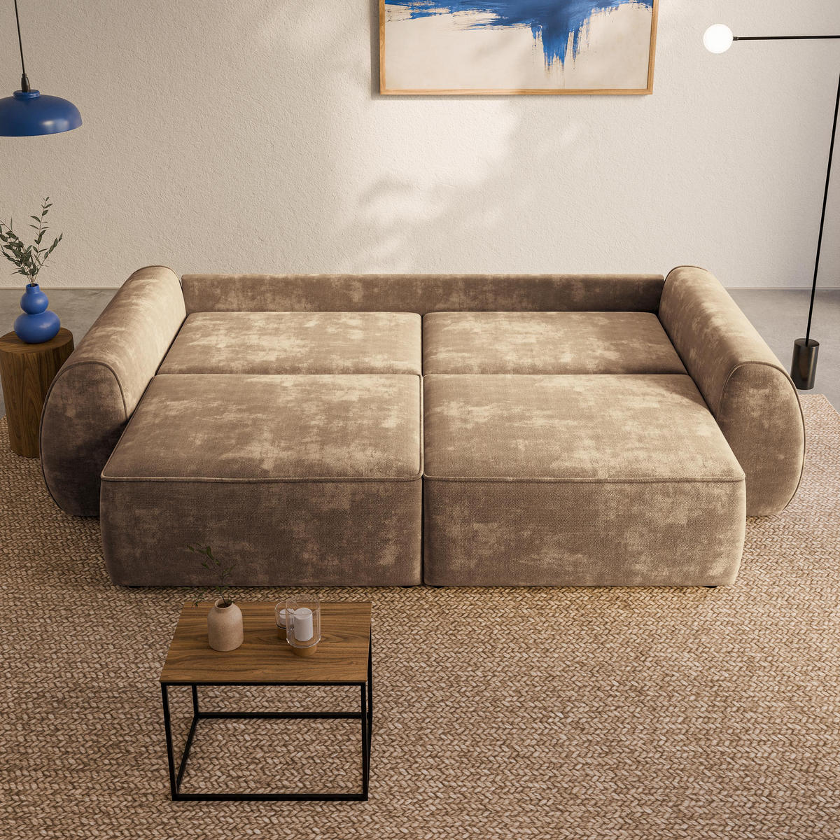 BETTSOFA ZEFEO Beige Chenille-Stoff mit Schlaffunktion - Beige, Textil (264/96/106cm) - MASSENO