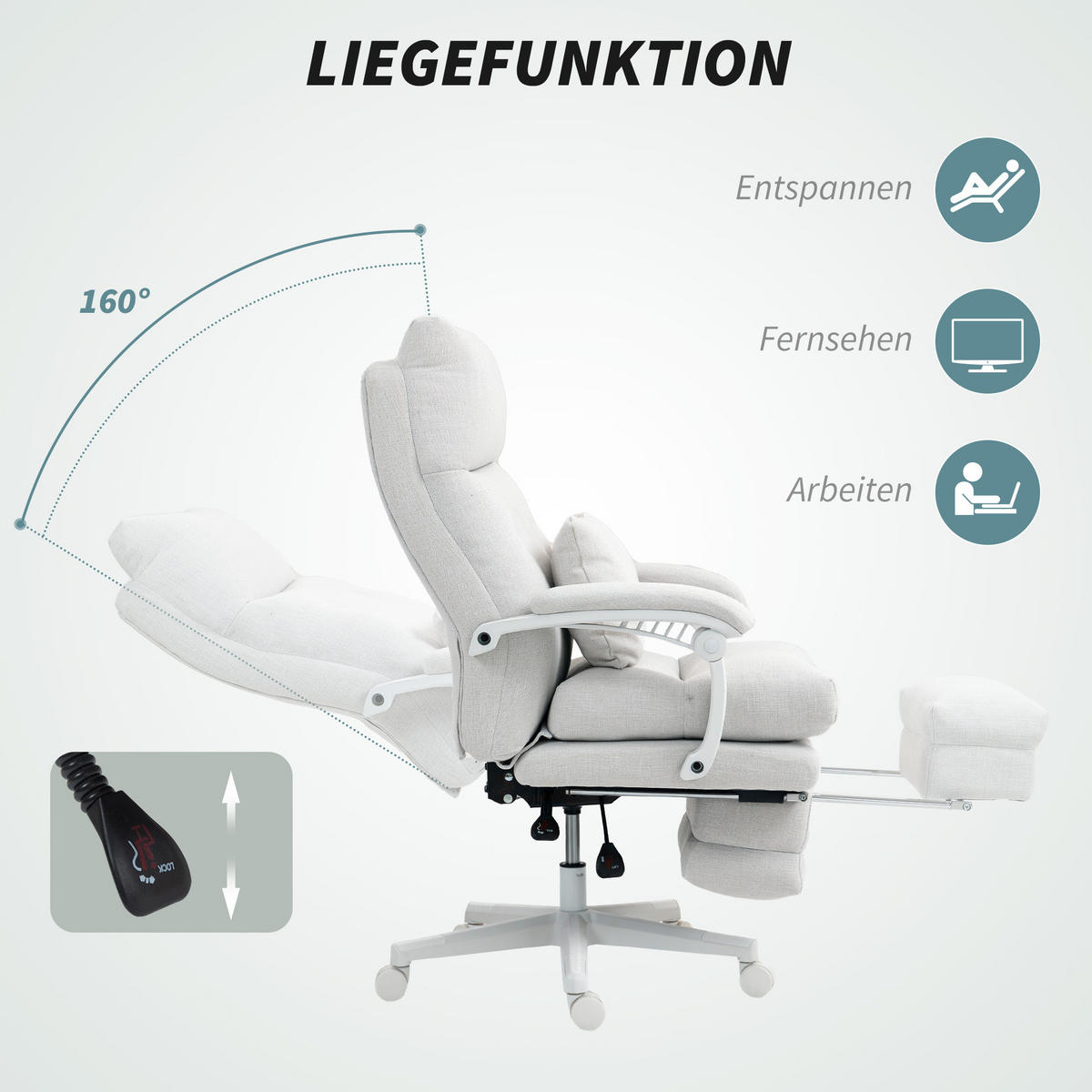 BÜROSTUHL Ergonomischer Schreibtischstuhl mit Lendenwirbelstütze, Fußstütze - Creme, Textil (68/122/70cm) - HOMCOM