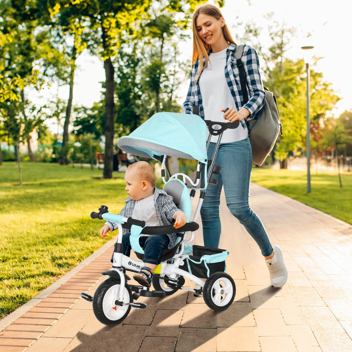 6-IN-1 Dreirad mit Schubstange, Kinderdreirad mit abnehmbarem Sonnendach Grün - Grün, Metall (95/50/106cm) - HOMCOM