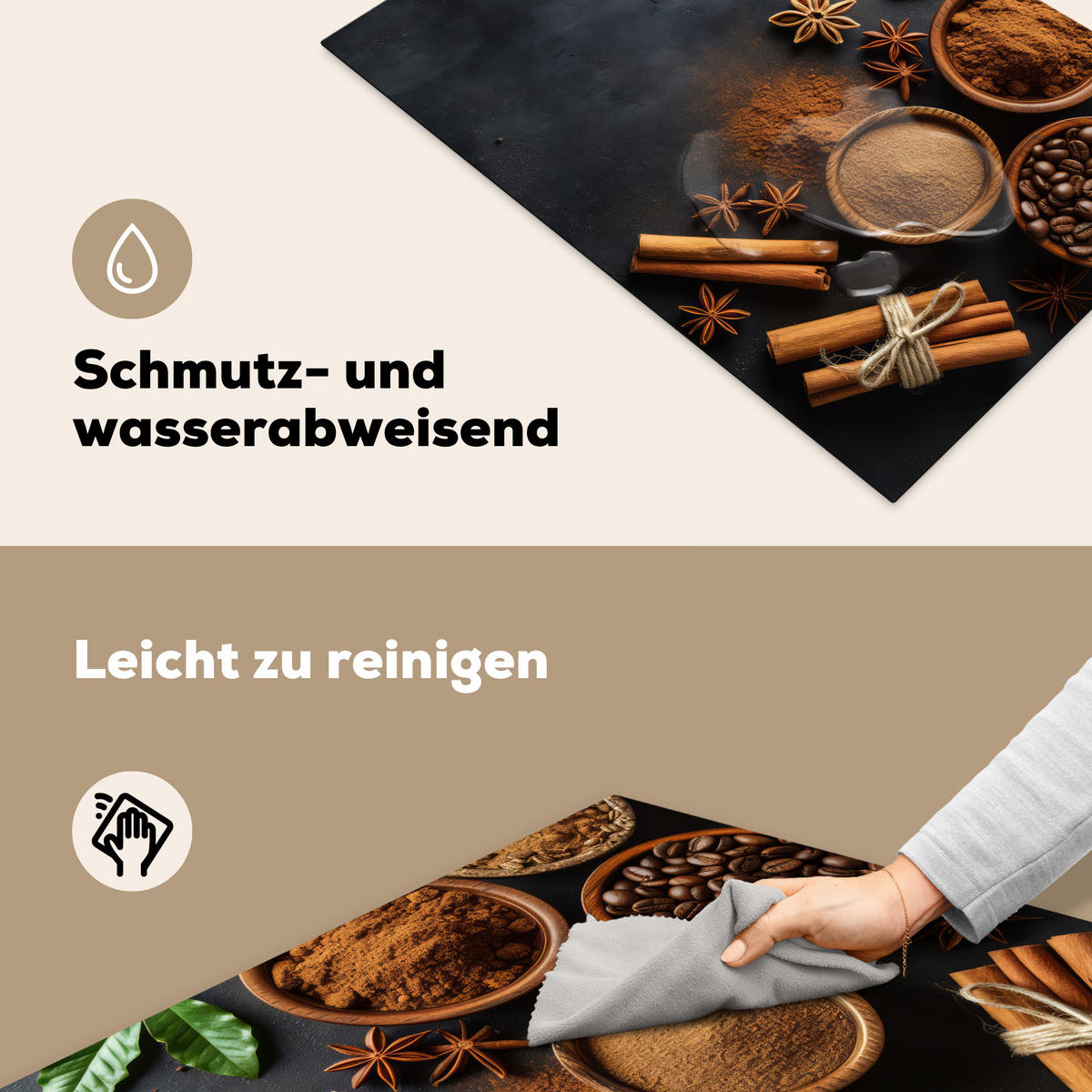 HERDABDECKPLATTE Zimt - Beton - Kaffee - Zimtstangen - Gewürze Ceranfeldabdeckung 78x52 cm - Mokka, Kunststoff (78/52/0.2cm) - MuchoWow