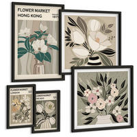 BILDER SET 5er Set - 50x50 cm & 20x30 cm & 40x60 cm Schwarzer Rahmen - Blumenillustrationen London Hongkong - Schwarz, Kunststoff (40/60cm) - TULUP