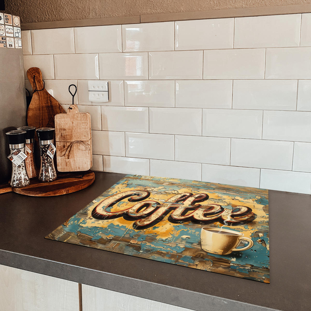 HERDABDECKPLATTE Kaffee - Vintage - Braun - Tasse Abdeckung Ceranfeld 57.6x51.6 cm - Teakfarben, Kunststoff (57.6/51.6/0.2cm) - MuchoWow