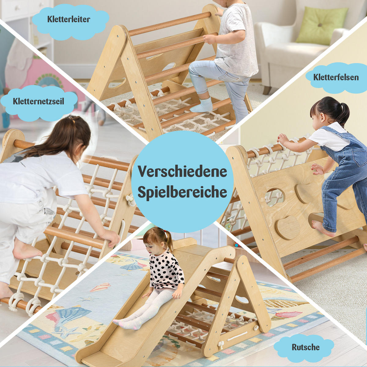 KLÄTTERDREIECK 4 i 1 trä - Naturfärgad, Trä (64/58/63cm) - COSTWAY