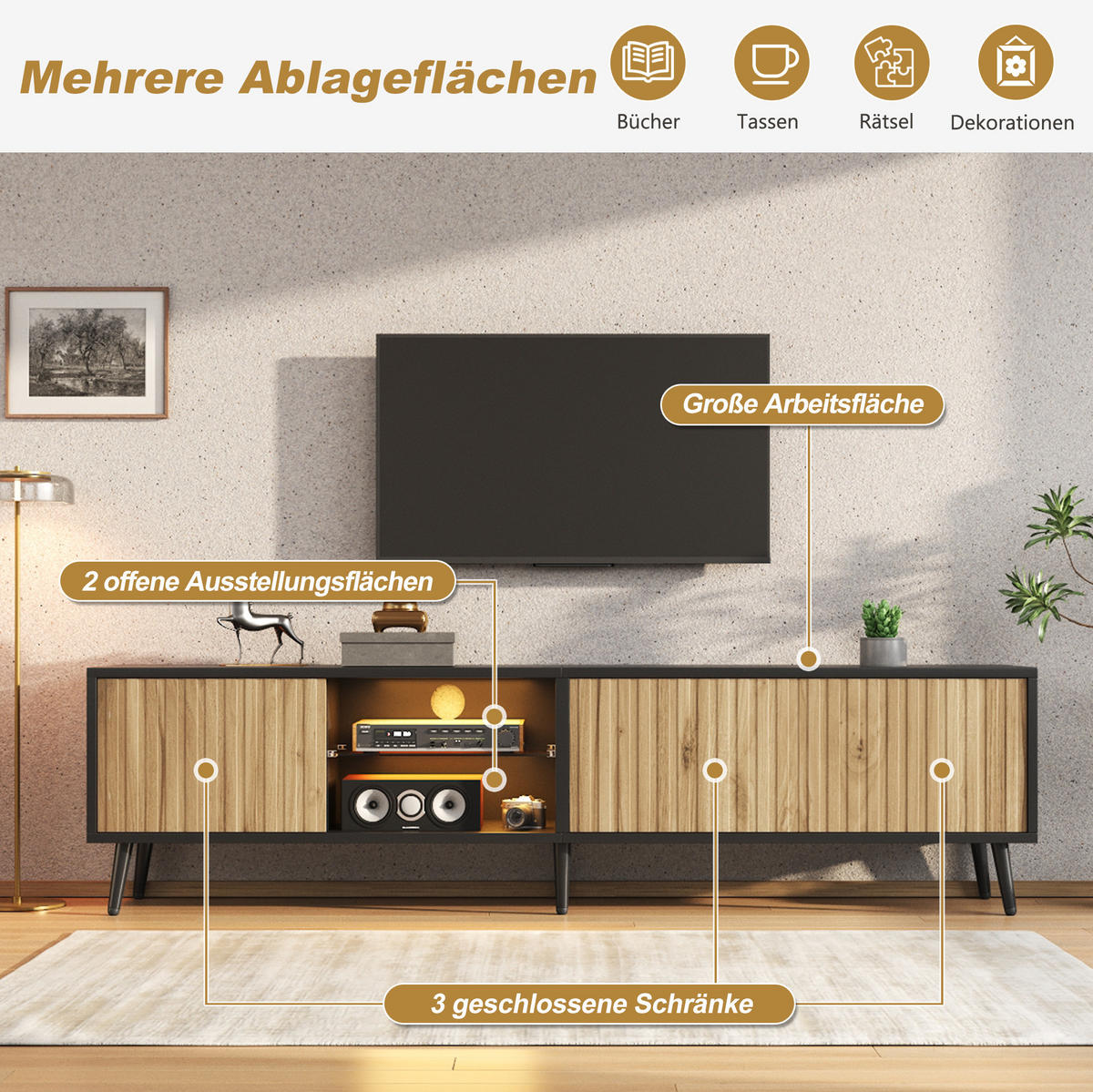 TV-LOWBOARD 175/31/43,5 cm naturfarben/schwarz aus Spanplatte mit LED - Naturfarben, Holzwerkstoff (31/43.5/175cm) - OKWISH