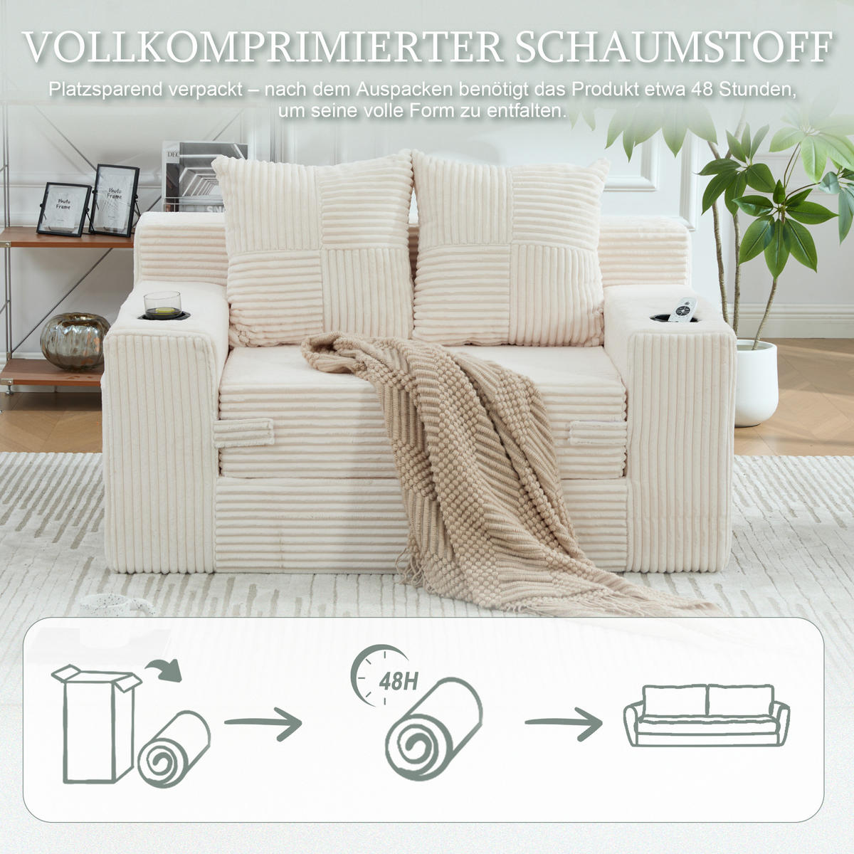 1,5-SITZER ausklappbar, Getränkehalter/Seitentasche, Cord, Beige - Beige, Textil (133/64/87cm) - LVHOM