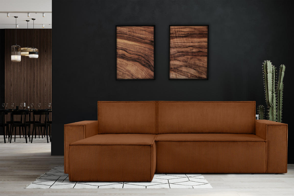 ECKSOFA-LINKS/RECHTS NAPI Schlaffunktion mit Cordbezug, rot - Schwarz/Orange, Textil (262/148cm) - KONSIMO®