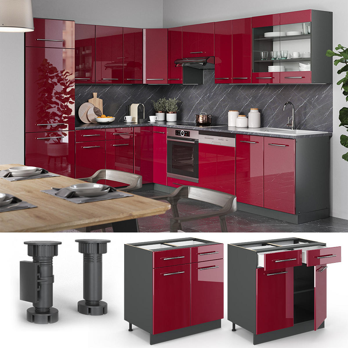 KÜCHENUNTERSCHRANK Fame-Line Bordeaux Hochglanz 80 cm, AP Eiche - Bordeaux/Anthrazit, Holzwerkstoff (80/82/60cm) - Vicco