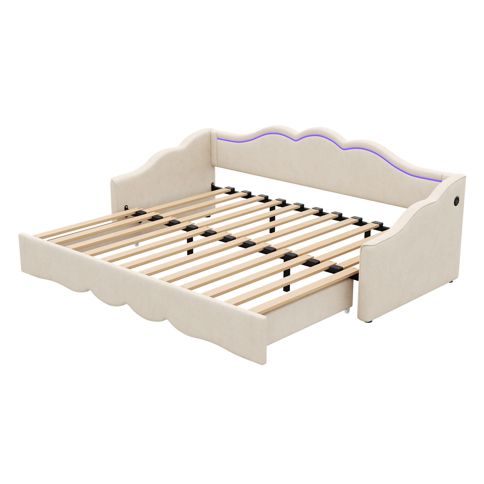 AUSZIEHBETT 90/180/200 cm DE-03072, mit LED, USB und Samtbezug, in Beige - Beige, Metall (90/200cm) - ComfortXL