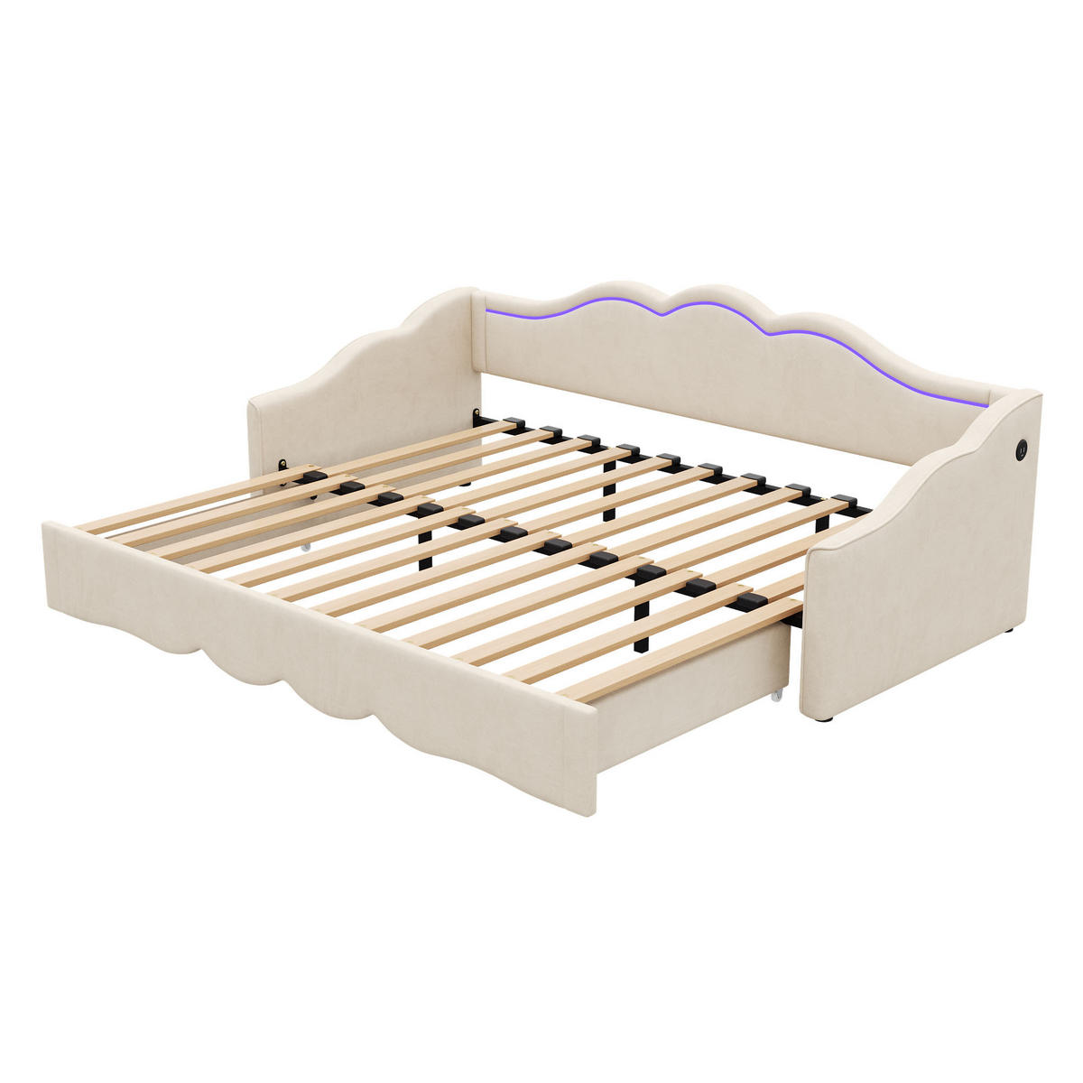 POLSTERBETT 90/200 cm & 180/200 cm in Beige Samt mit Ausziehfunktion, LED, USB und Type-C - Beige, Holzwerkstoff/Textil (90/200cm) - STILVORA