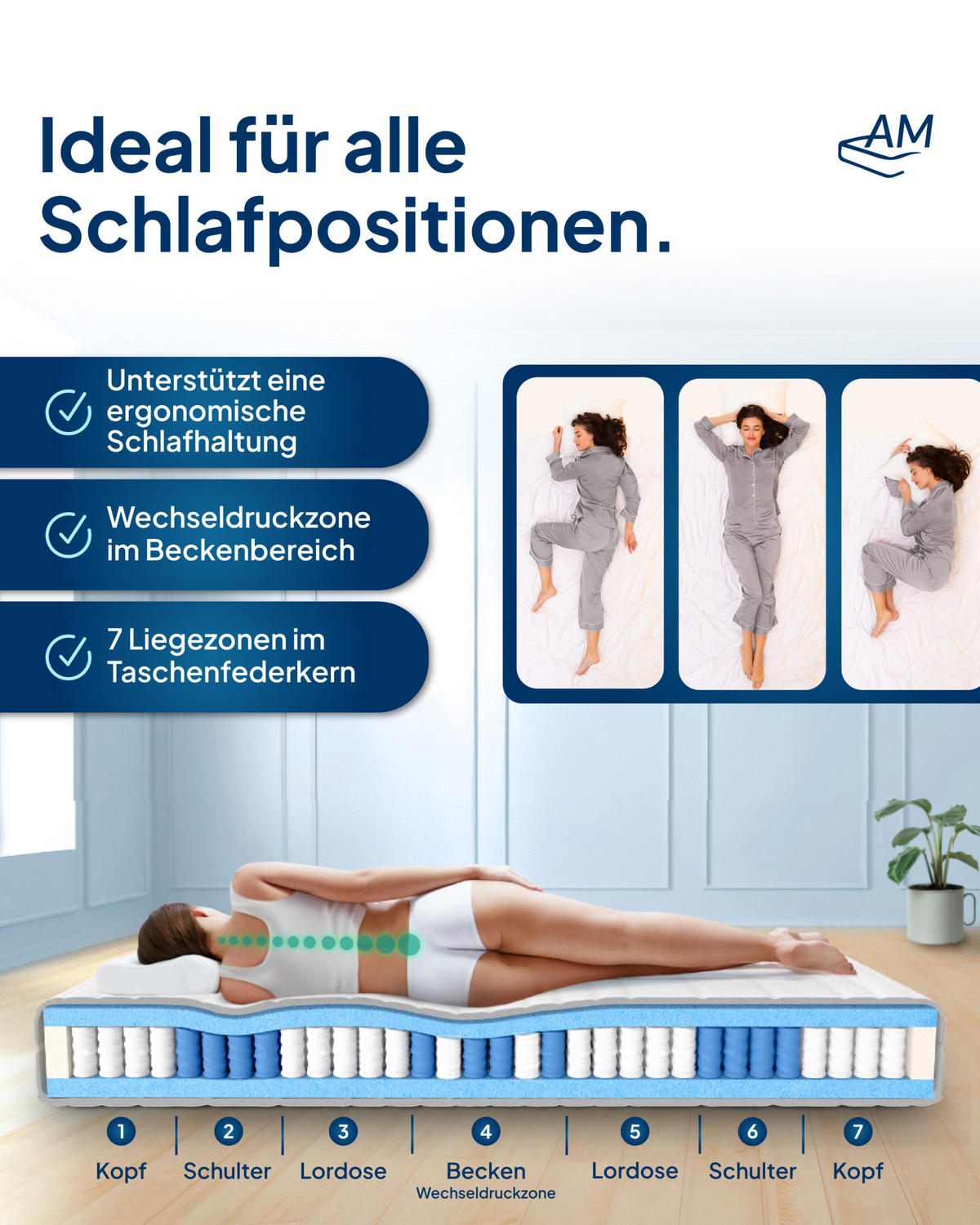 TASCHENFEDERKERNMATRATZE 200/200 cm H3 - 20cm Höhe & Toledo Bezug - Weiß, Textil (200/200cm) - AM Qualitätsmatratzen