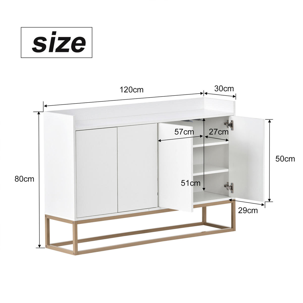 SIDEBOARD, 120/80/30 cm, mit 4 Türen, MDF, weiß - Weiß, Holz/Metall (120/80/30cm) - GENKI LIVING