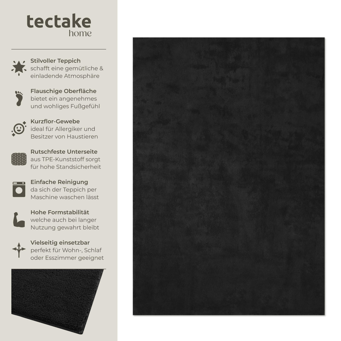 KURZFLORTEPPICH Soft Zone,rutschfeste Unterseite,schwarz - Schwarz, Textil (290/200cm) - tectake