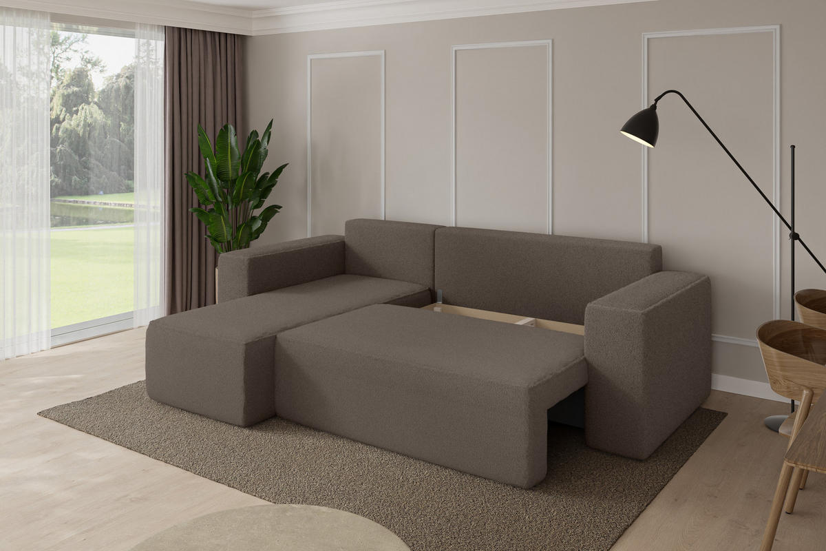 ROHOVÁ SEDAČKA s funkcí spaní, otoman vlevo SENO-L 249x139x85 hnědá bouclé - černá/hnědá, kompozitní dřevo/textil (249/139cm) - ALTDECOR