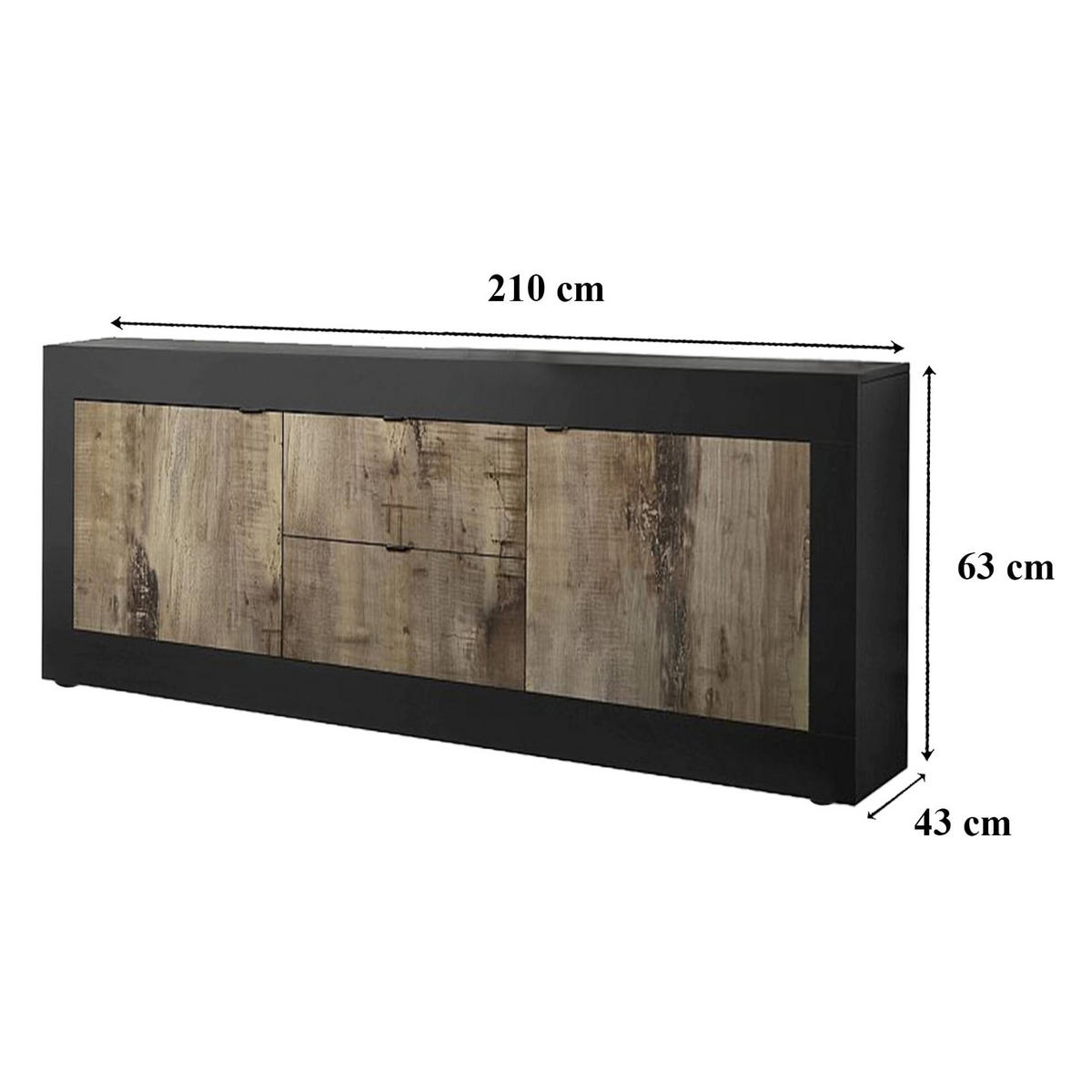 SIDEBOARD mit 2 Türen und 2 Schubladen Itinial - L210 cm - Schwarz/Braun, Holzwerkstoff (43/65/210cm) - Calicosy