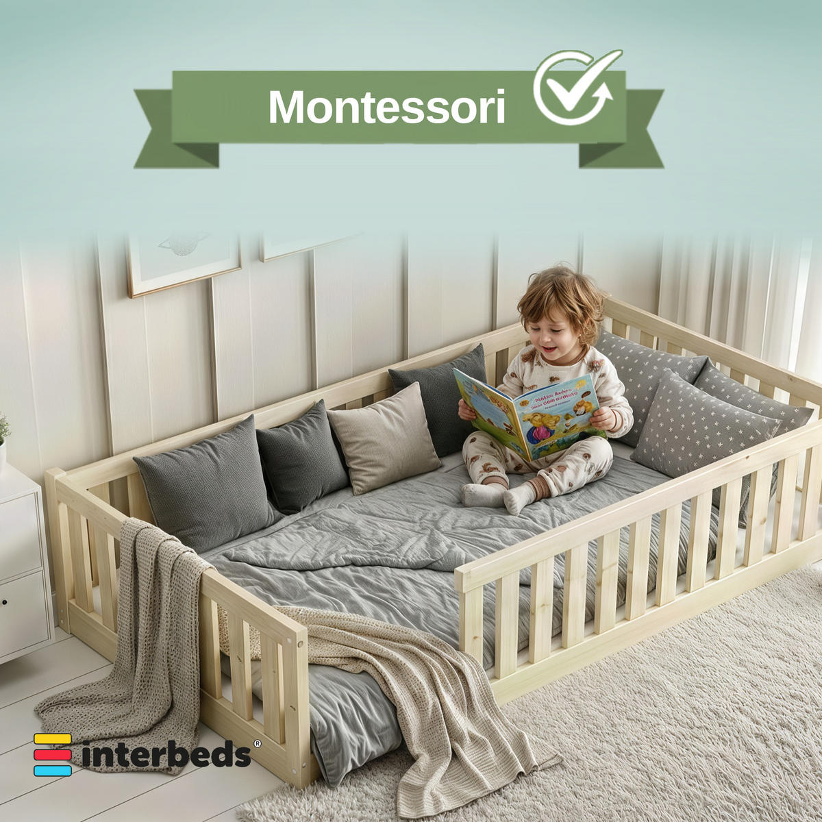 BODENBETT Bella 120x200 mit Rausfallschutz & Lattenrost Kinderbett aus Holz - Naturfarben, Holz (120/200cm) - Interbeds