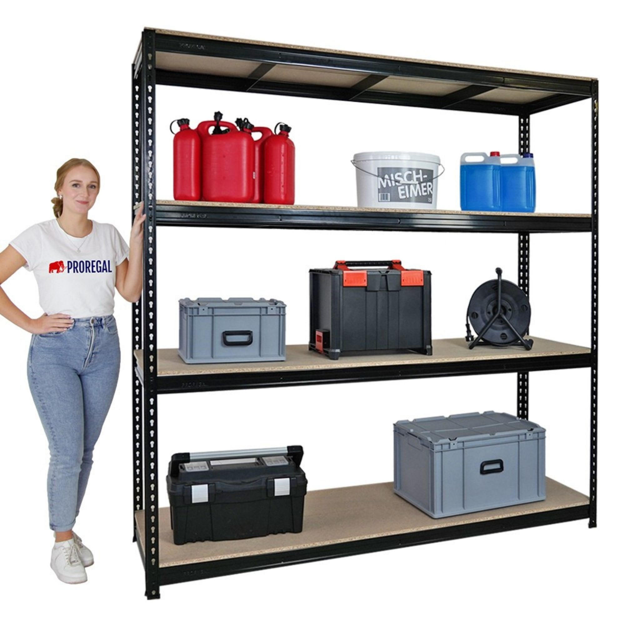 SCHWERLASTREGAL Bison 200x200x60 cm 4 Spanplatten-Ebenen 16mm Fachlast 600 kg Schwarz - Schwarz, Metall (200/200/60cm) - PROREGAL