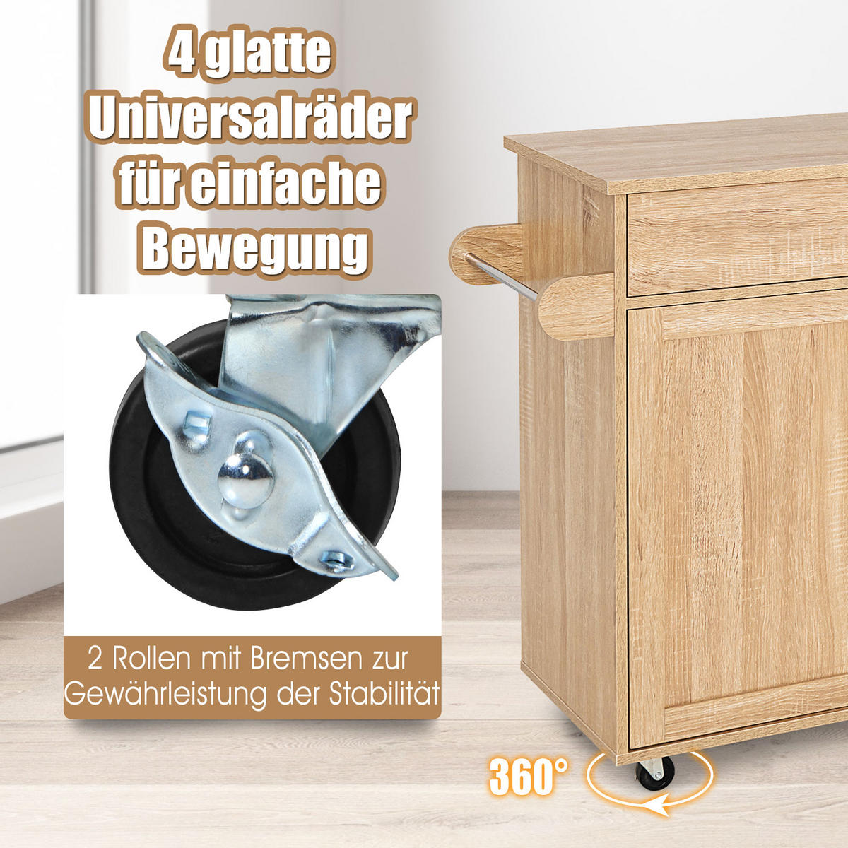 KÜCHENWAGEN Holz Natur - Weiß, Holz (40/85/116cm) - COSTWAY