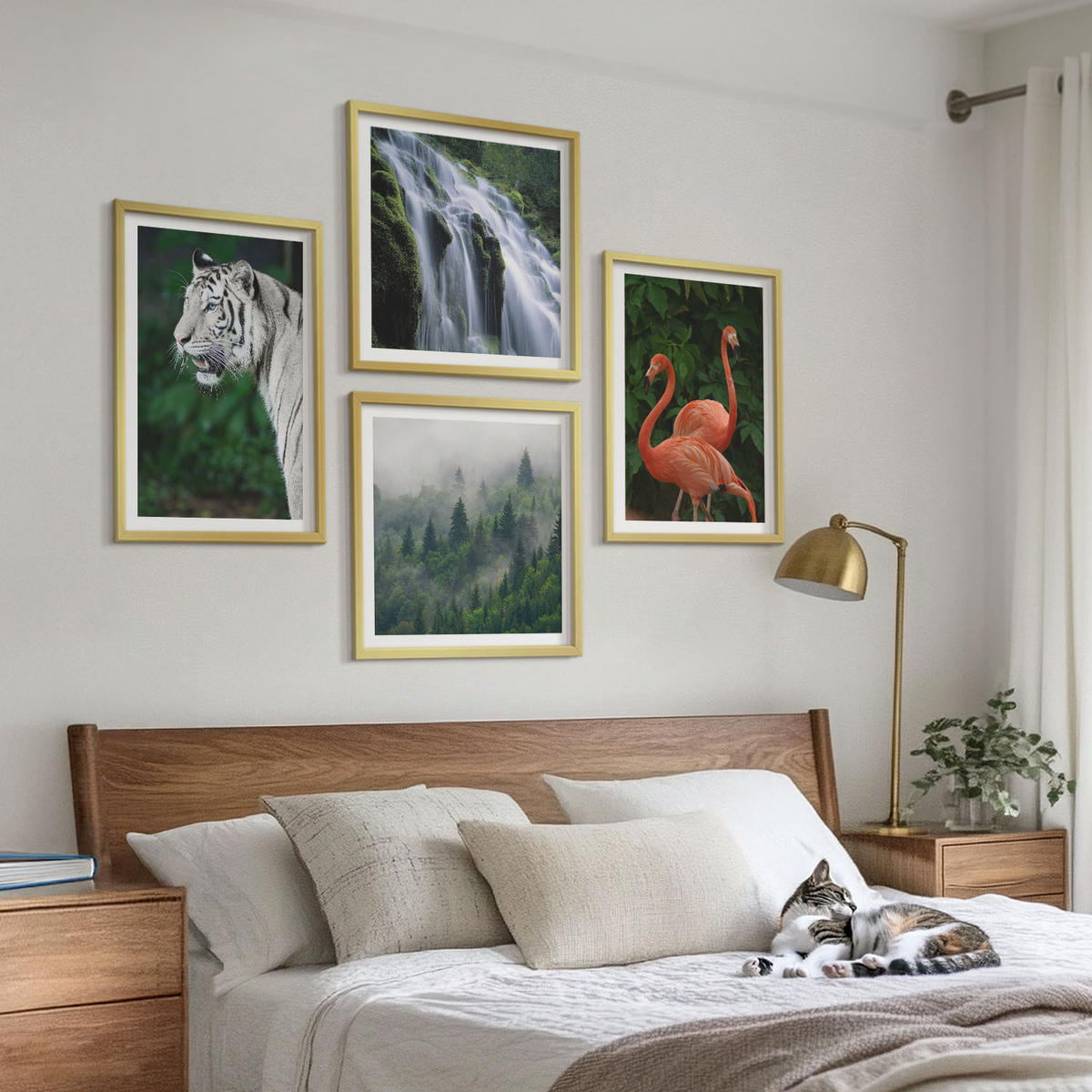 BILDER SET 4er Set - 50x50 cm & 40x60 cm Goldrahmen - Tiger Wasserfall Flamingos Natur - Goldfarben, Kunststoff (50/50cm) - TULUP