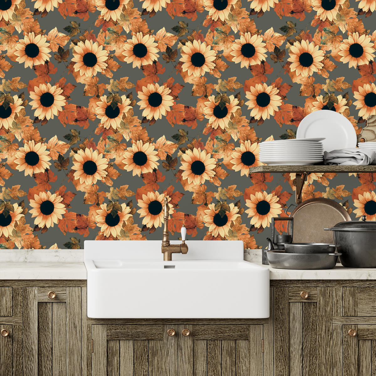 VLIESTAPETE Vintage-Sonnenblumen – Gelb, Orange, Grau – 50x1000 cm - Gelb/Orange, Papier (50/1000cm) - Muralo