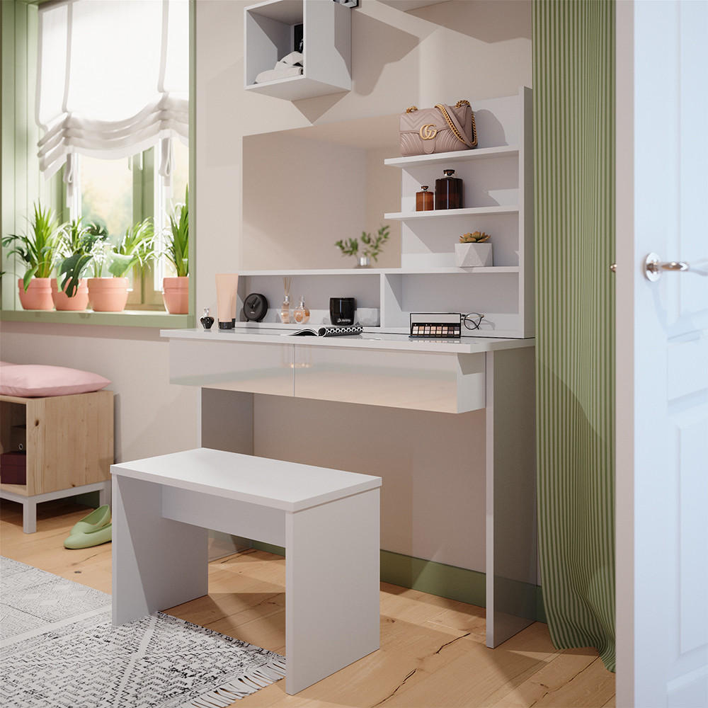 SCHMINKTISCH Azur Weiß 120 cm mit Bank - Weiß Hochglanz/Weiß, Holzwerkstoff (120/83.5/40cm) - Vicco