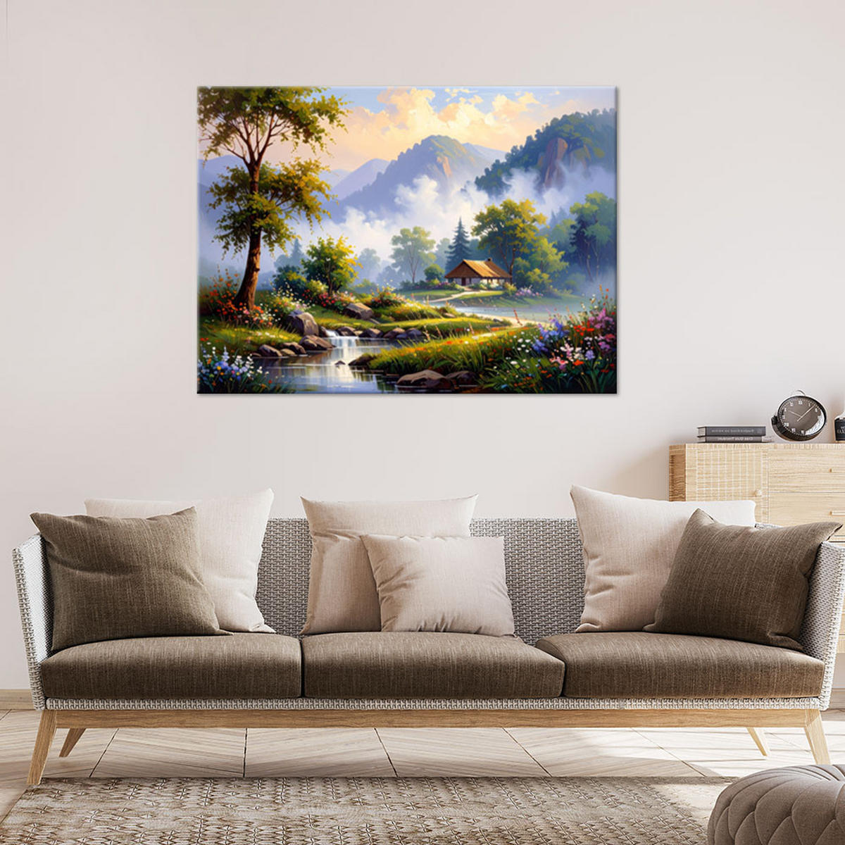 WANDBILD, Häuschen in den Bergen Landschaft Fluss - Grün, Textil (60/40cm) - Feeby