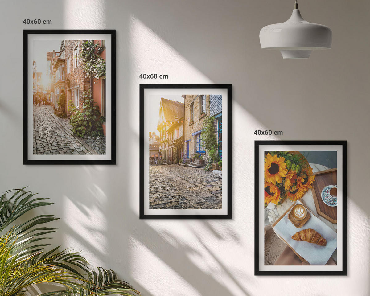 BILDER SET 3er Set - 40x60 cm Schwarzer Rahmen - Straßenkaffee Sonnenblumen - Schwarz, Kunststoff (40/60cm) - TULUP