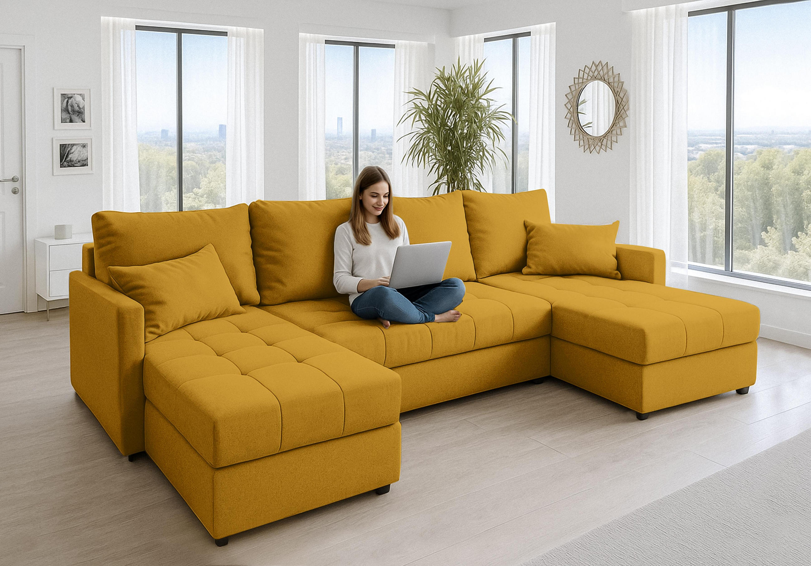 WOHNLANDSCHAFT Dolceo Gelb 287/140/73 cm mit Schlaffunktion Bettkasten Wohnzimmer - Gelb/Schwarz, Kunststoff/Textil (287/73/140cm) - AX Living