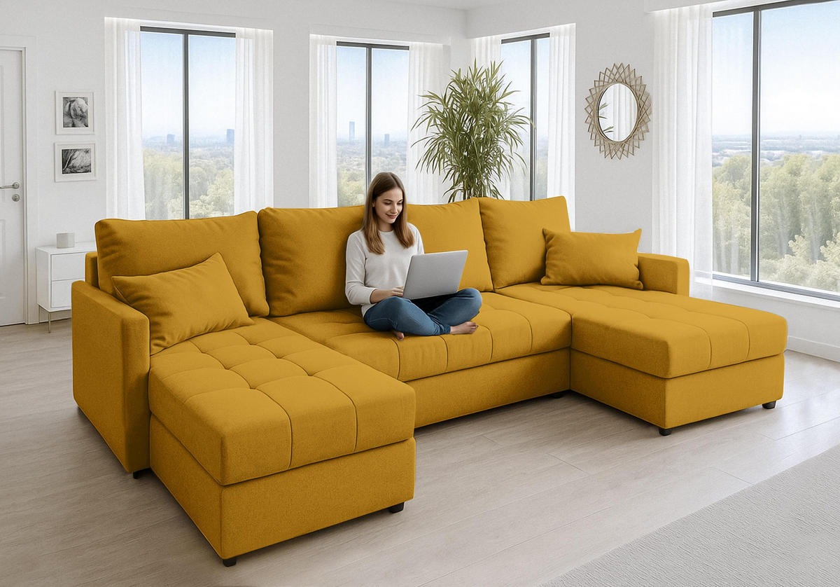 WOHNLANDSCHAFT Dolceo Gelb 287/140/73 cm mit Schlaffunktion Bettkasten Wohnzimmer - Gelb/Schwarz, Kunststoff/Textil (287/73/140cm) - AX Living