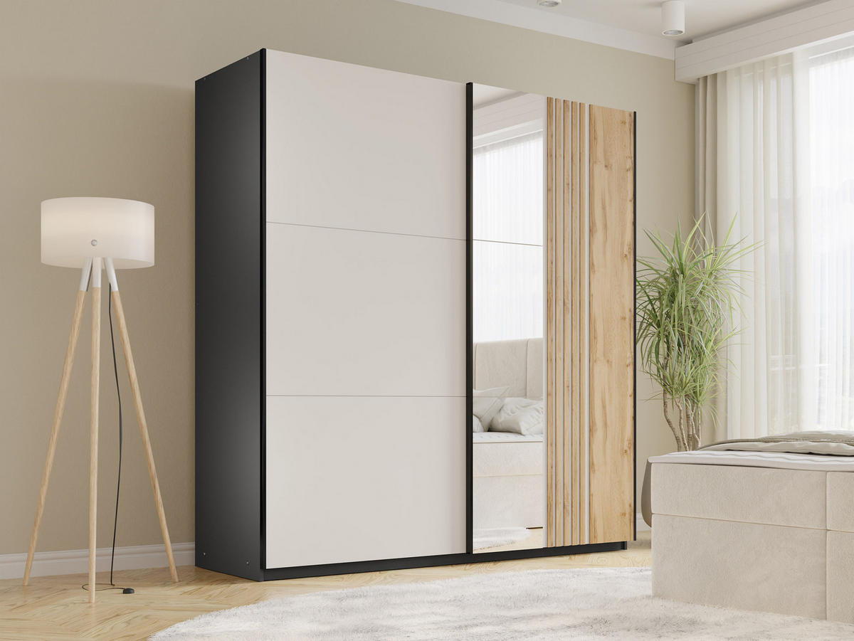 SCHIEBETÜRENSCHRANK Evora 203 - Kaschmir/Schwarz, Holzwerkstoff/Kunststoff (203/215/65cm) - MIRJAN24