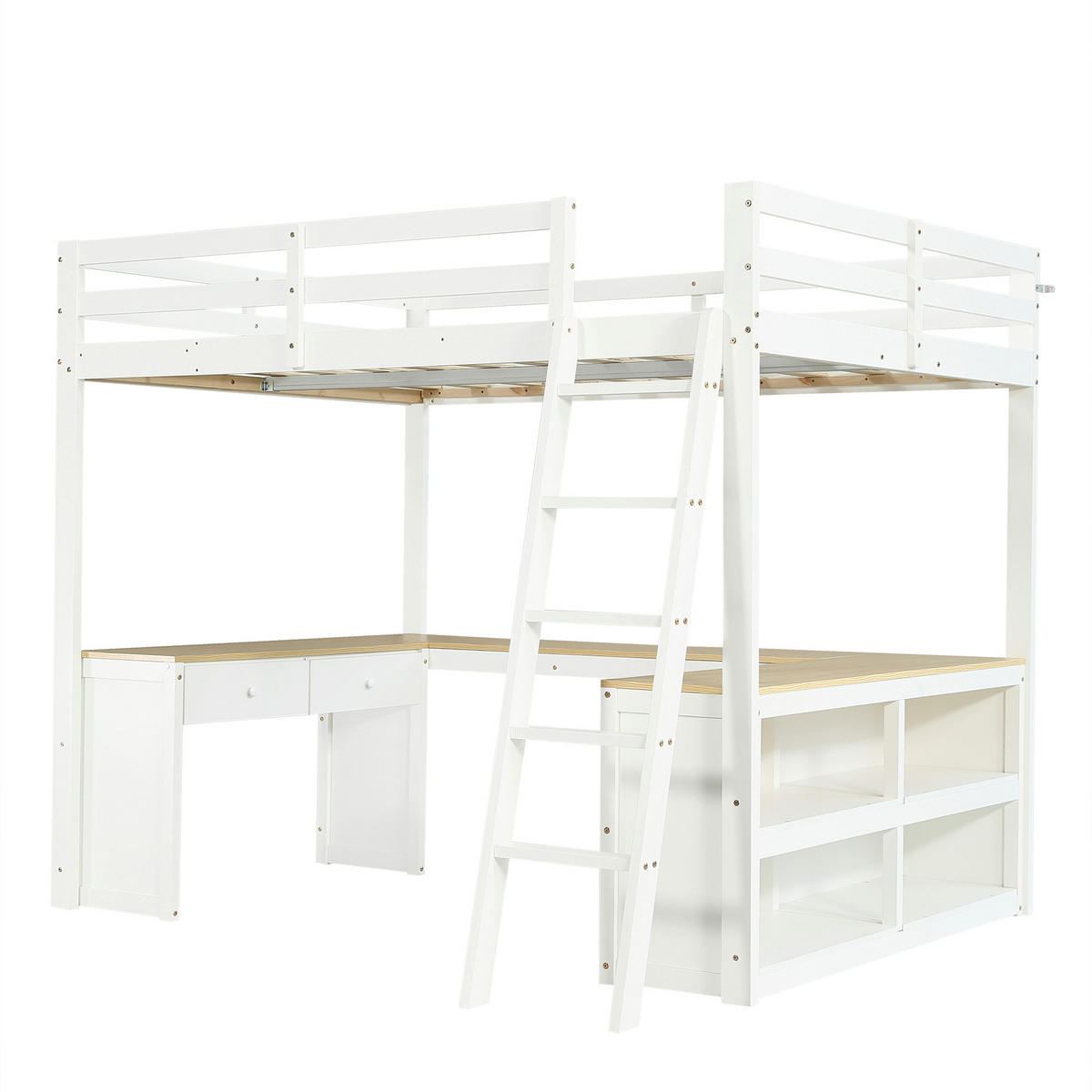 HOCHBETT 140/200 cm DE-02265, in Weiß/Natur, mit U-förmigem Langtisch und 2 Schubladen - Weiß/Naturfarben, Holz/Holzwerkstoff (140/200cm) - ComfortXL