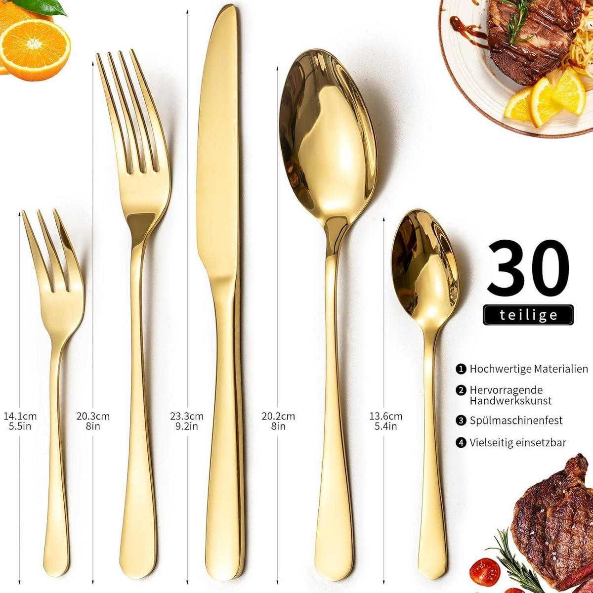 BESTECKSET 30-teiliges Set Edelstahl Gold Spiegelpoliert für 6 Personen - Goldfarben, Metall