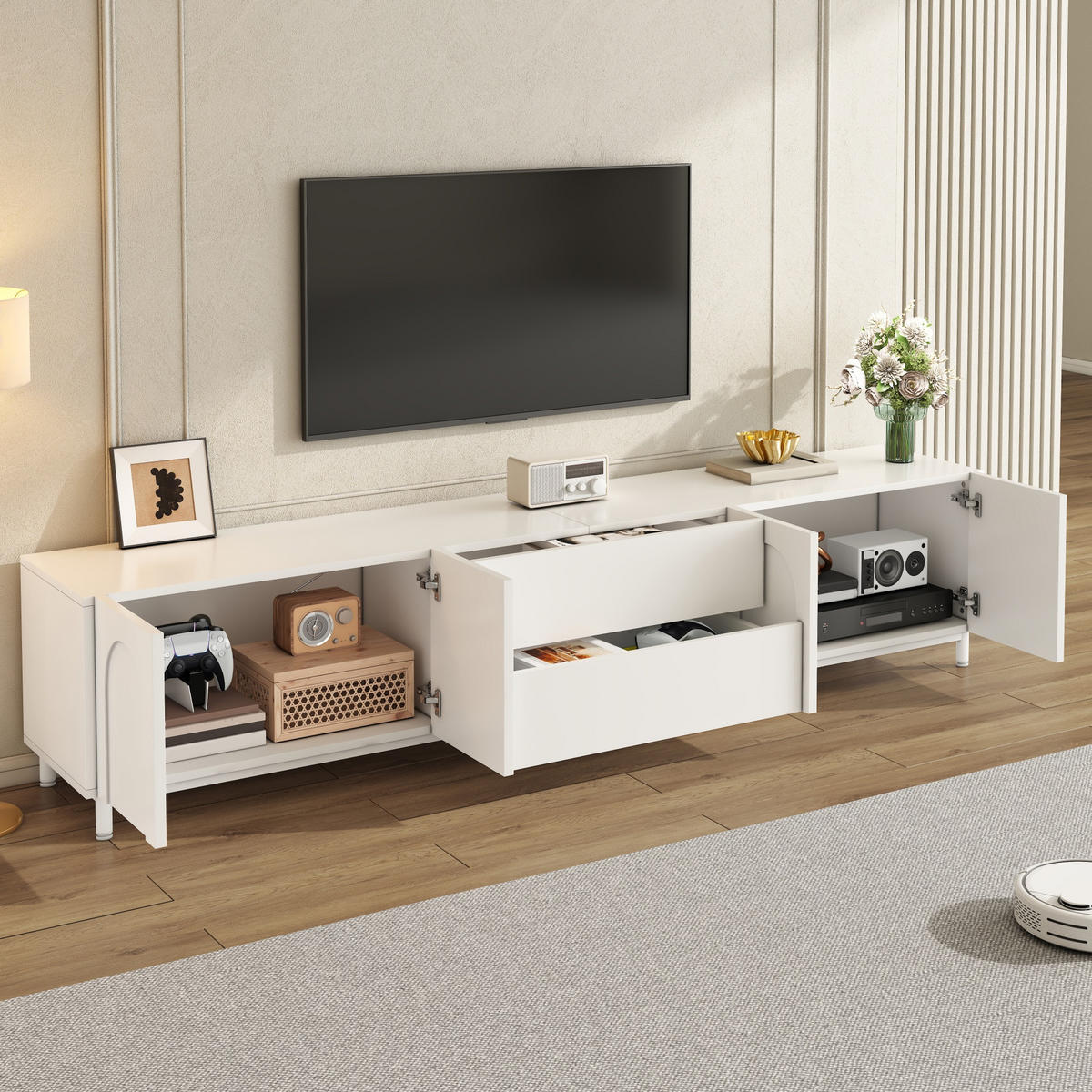 TV-SCHRANK 4 Türen 2 Schubladen Bogen Türen Modern - Weiß, Holzwerkstoff (180/48/40cm) - FLIEKS