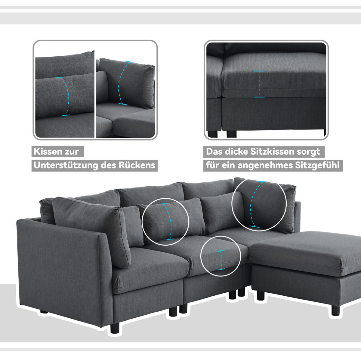 ECKSOFA 220/83/81 cm grau aus Leinen mit Hocker und 5 Kissen - Grau, Textil (81/83cm) - OKWISH