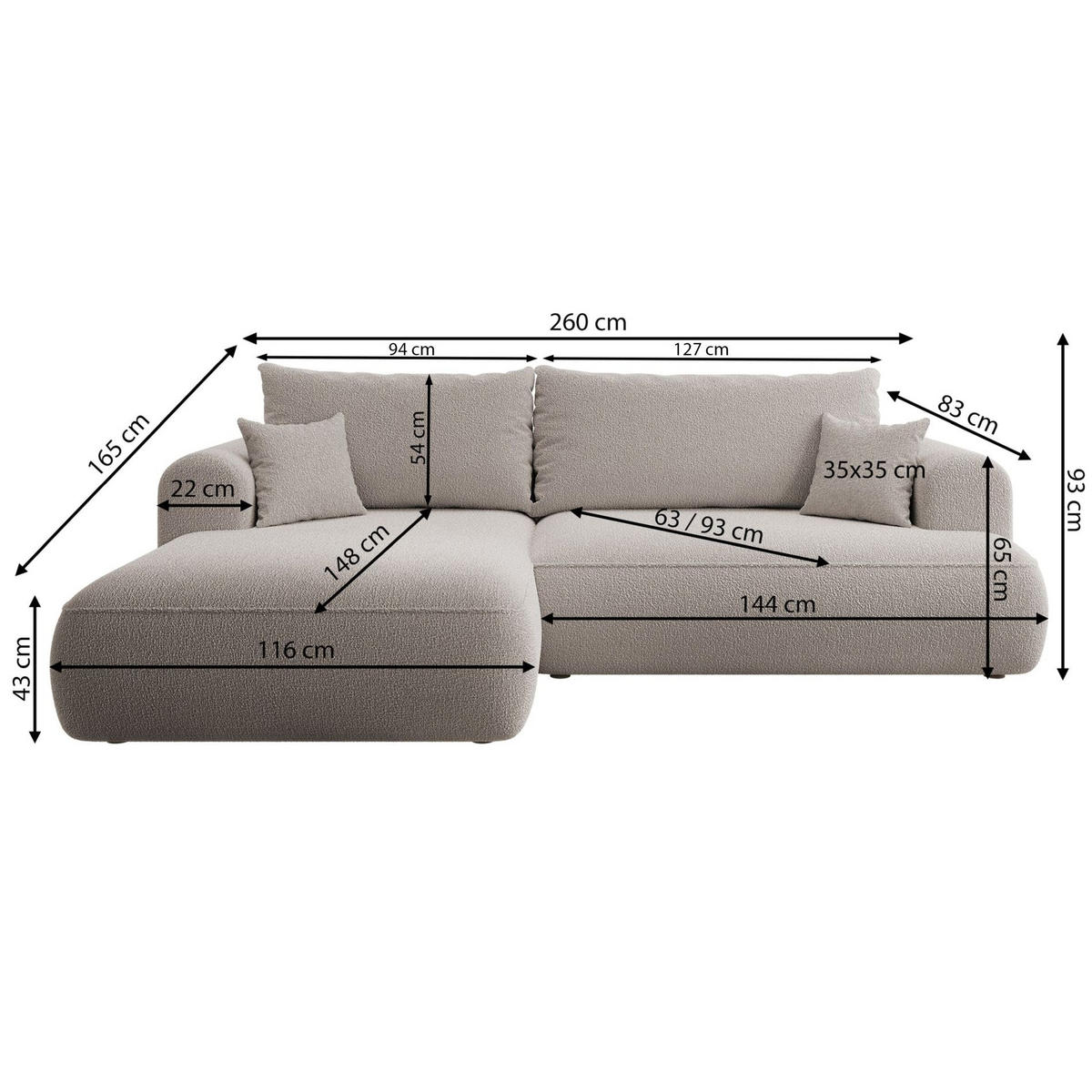 ROHOVÁ pohovka Ovo světle béžová s vodoodpudivým sametovým potahem - černá/ecru, textil/plast (260/165cm) - Selsey
