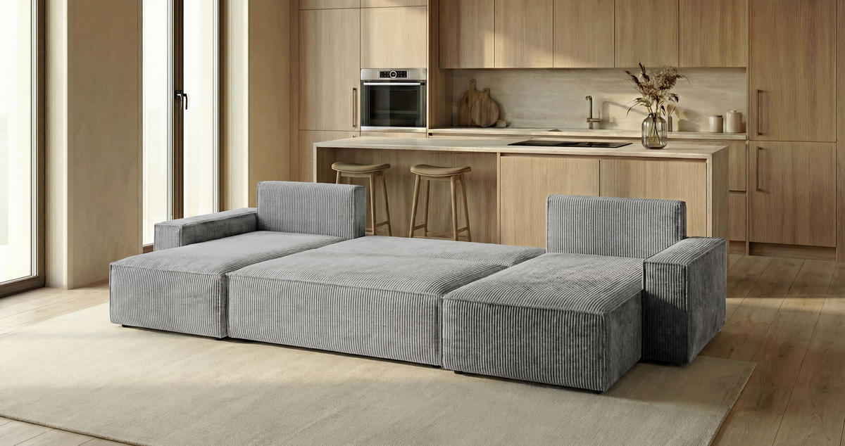 SEDACÍ souprava CALIFORNIA MINI tvar U šedá manšestr Poso 55 - funkce spaní, úložný prostor - šedá, textil (312/85/142cm) - Cornero