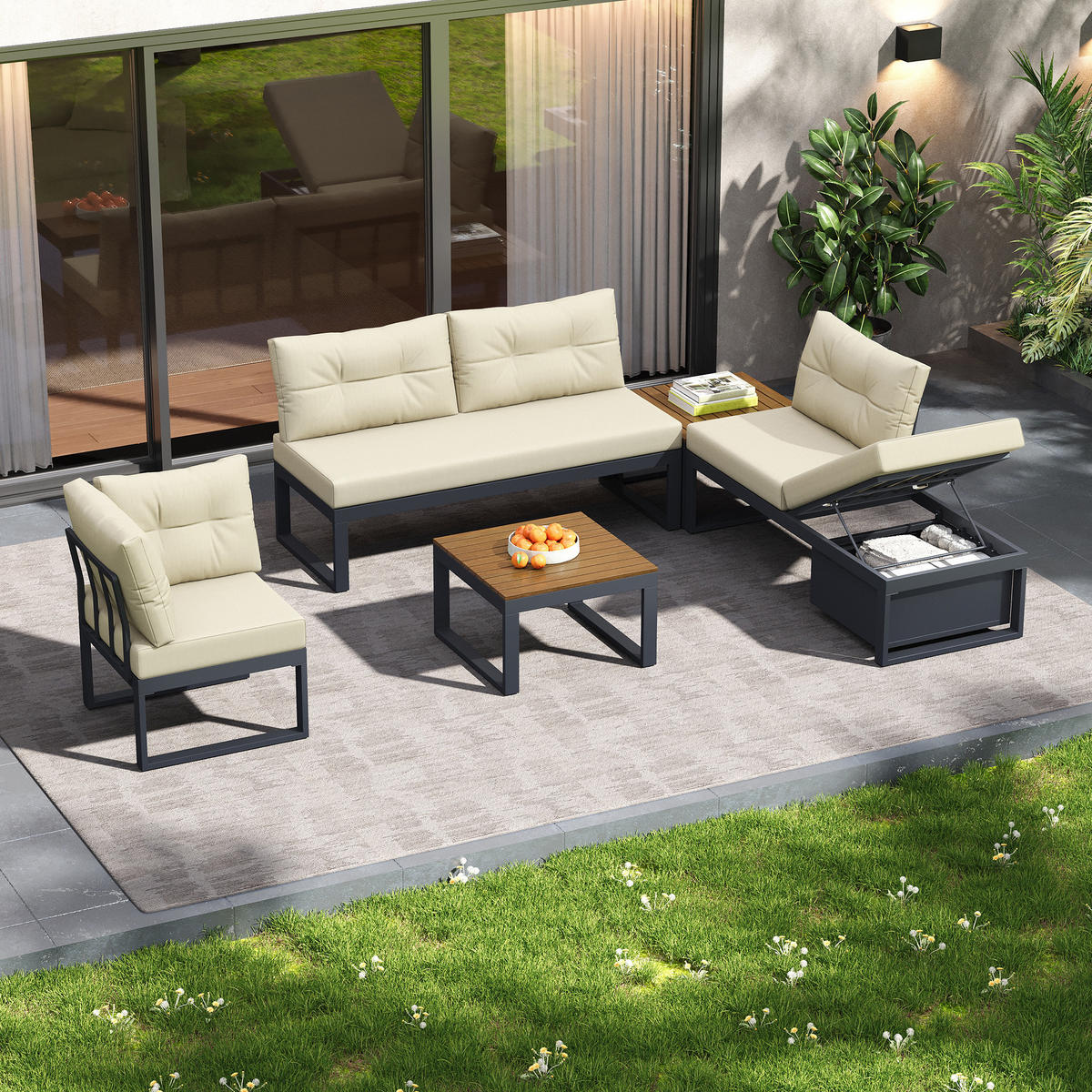 GARTENLOUNGE-SET Gartenmöbelset mit 3-stufig verstellbarer Rückenlehne wetterfester - Beige/Naturfarben, Textil/Metall - STILVORA
