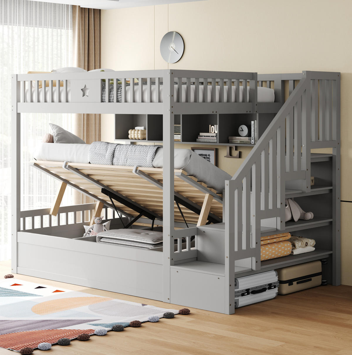 ETAGENBETT 140/200 cm Grau mit Stauraumtreppe und hydraulischem Bettkasten - Grau, Holzwerkstoff (140/200cm) - OKWISH