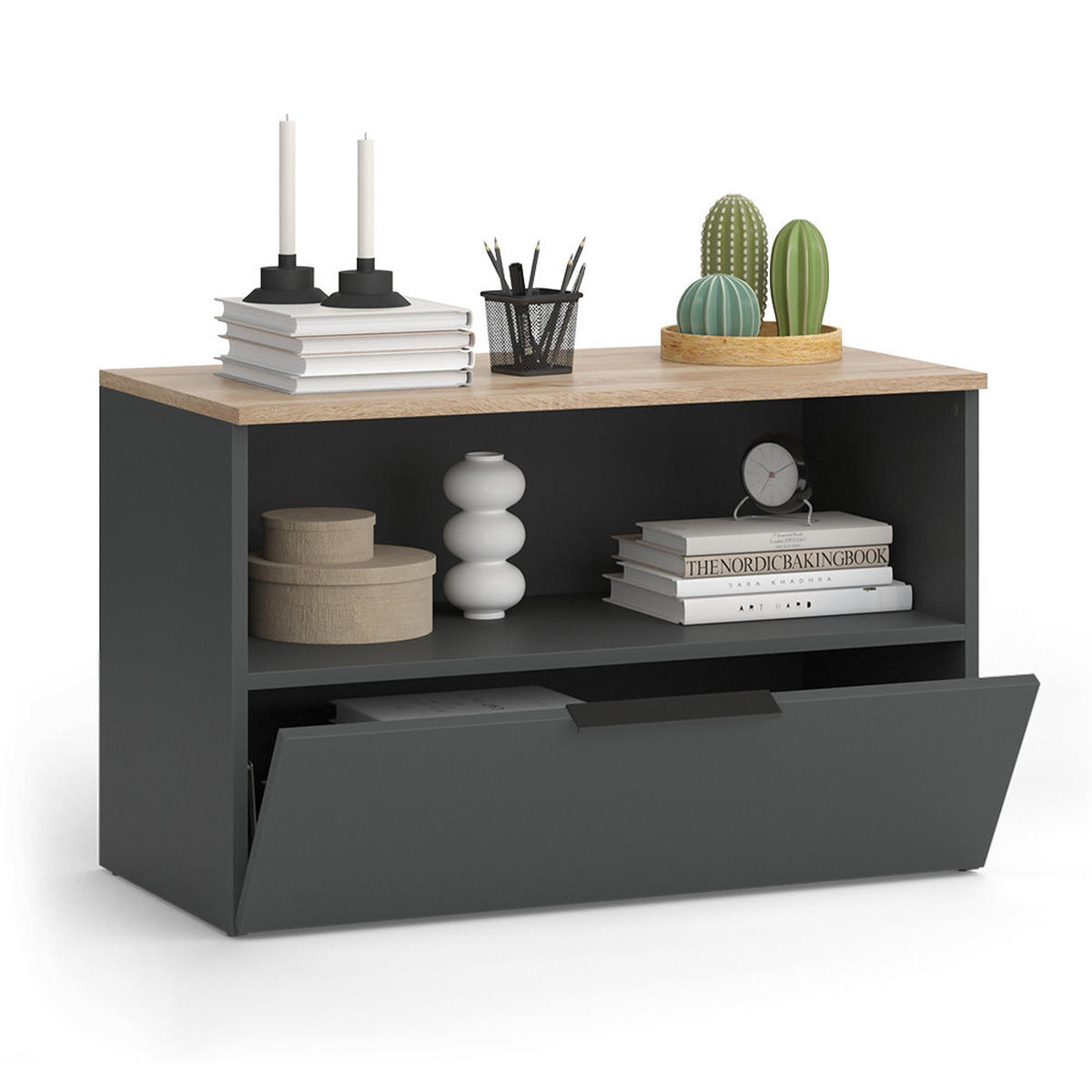 KOMMODE Wido Anthrazit/Sonoma 80 x 50 cm mit 1 geschlossenem Fach - Anthrazit, Holzwerkstoff (80/50/40cm) - Vicco