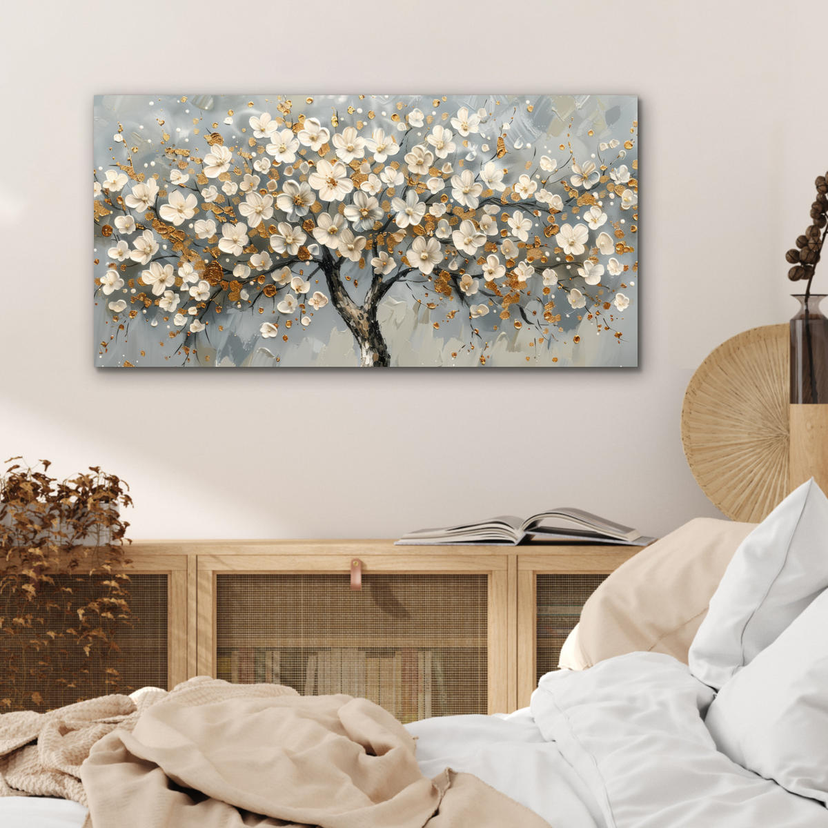 KOVOVÝ OBRAZ Strom - Kvety - Biela - Príroda - Umenie 80x40 cm - biela, kov (80/40cm) - MuchoWow