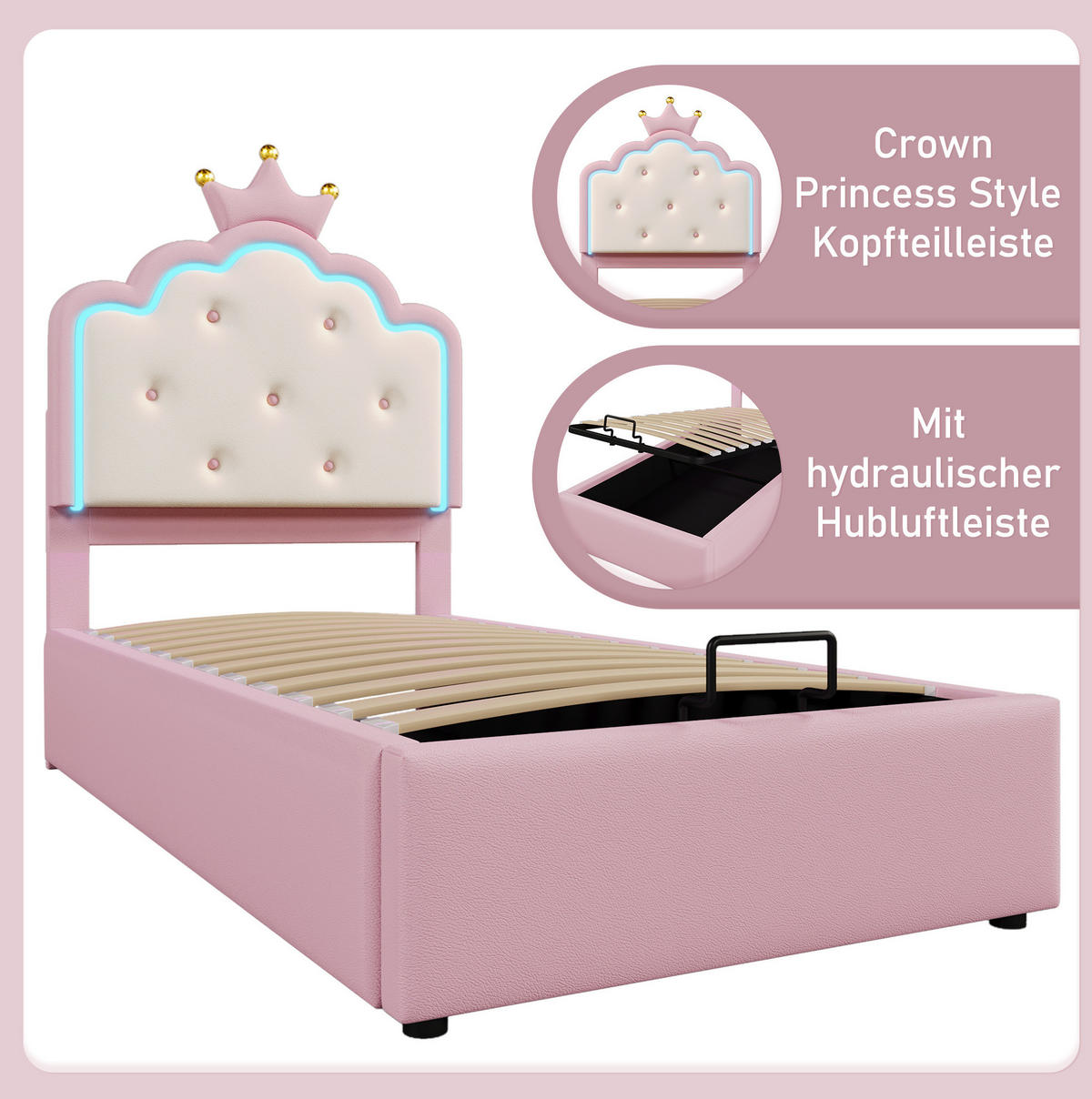 ČALÚNENÁ posteľ 90/200 cm ružová s LED osvetlením a úložným priestorom z PU a MDF - ružová, plast (90/200cm) - OKWISH