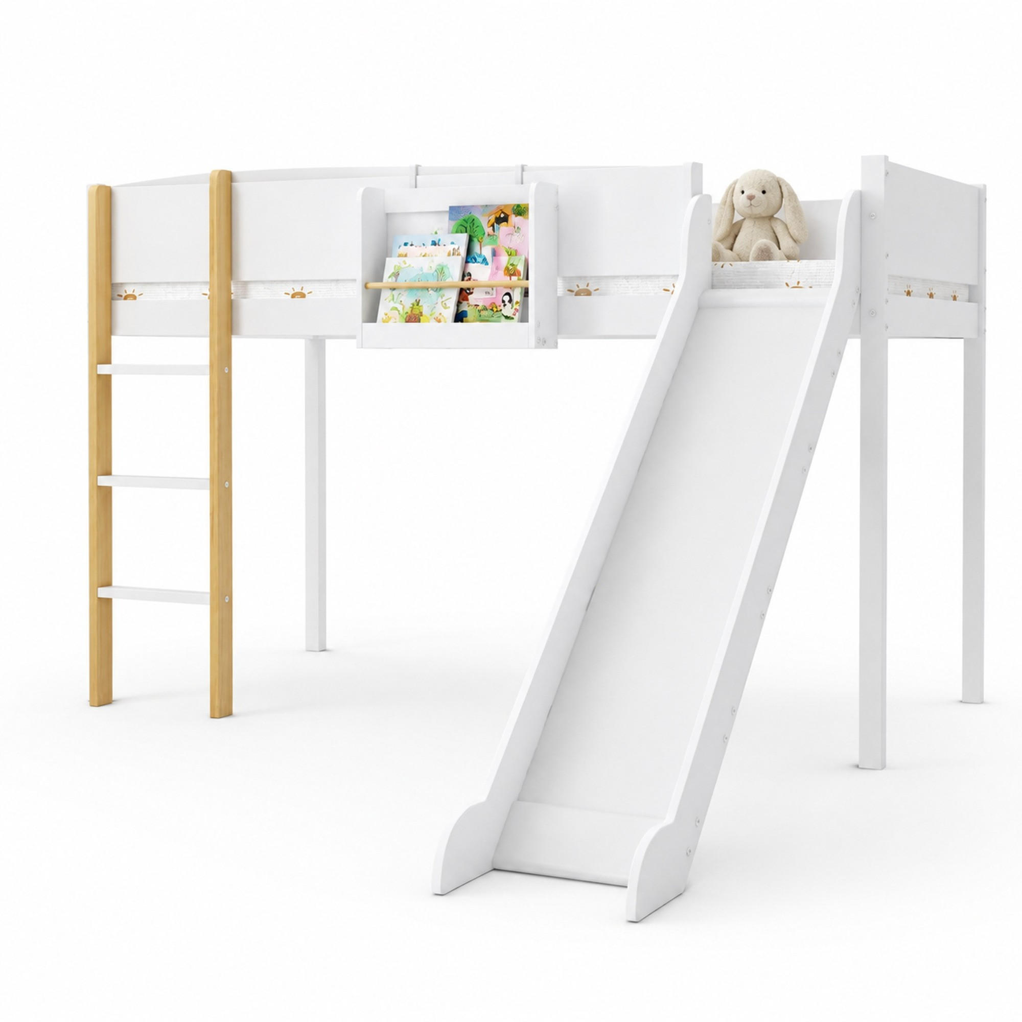 HOCHBETT 90/200 cm in Weiß & Natur mit Rutsche, Leiter und Regal - Weiß, Holz/Holzwerkstoff (90/200cm) - CHICFURN