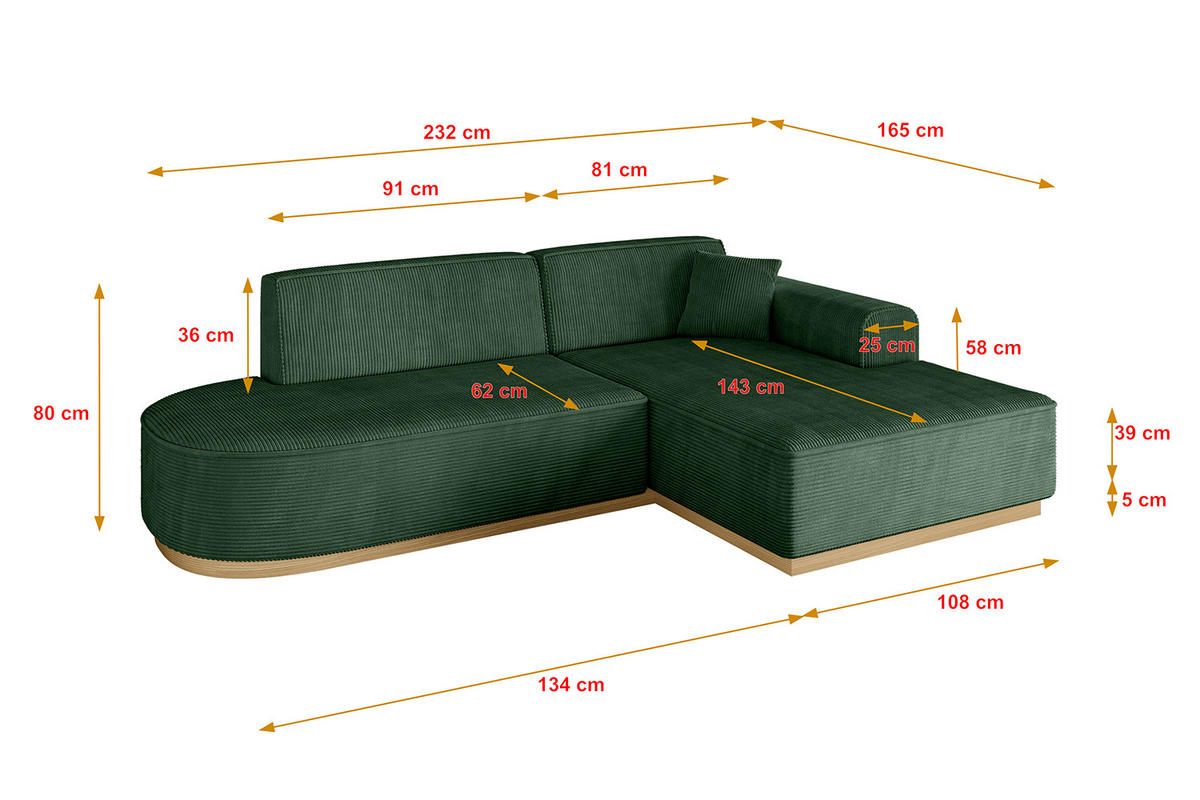 ECKSOFA Ottomane Rechts IREA-L1-v2 - 232x165x80 cm Grün - Currygelb, Holzwerkstoff/Textil (232/165cm) - ALTDECOR