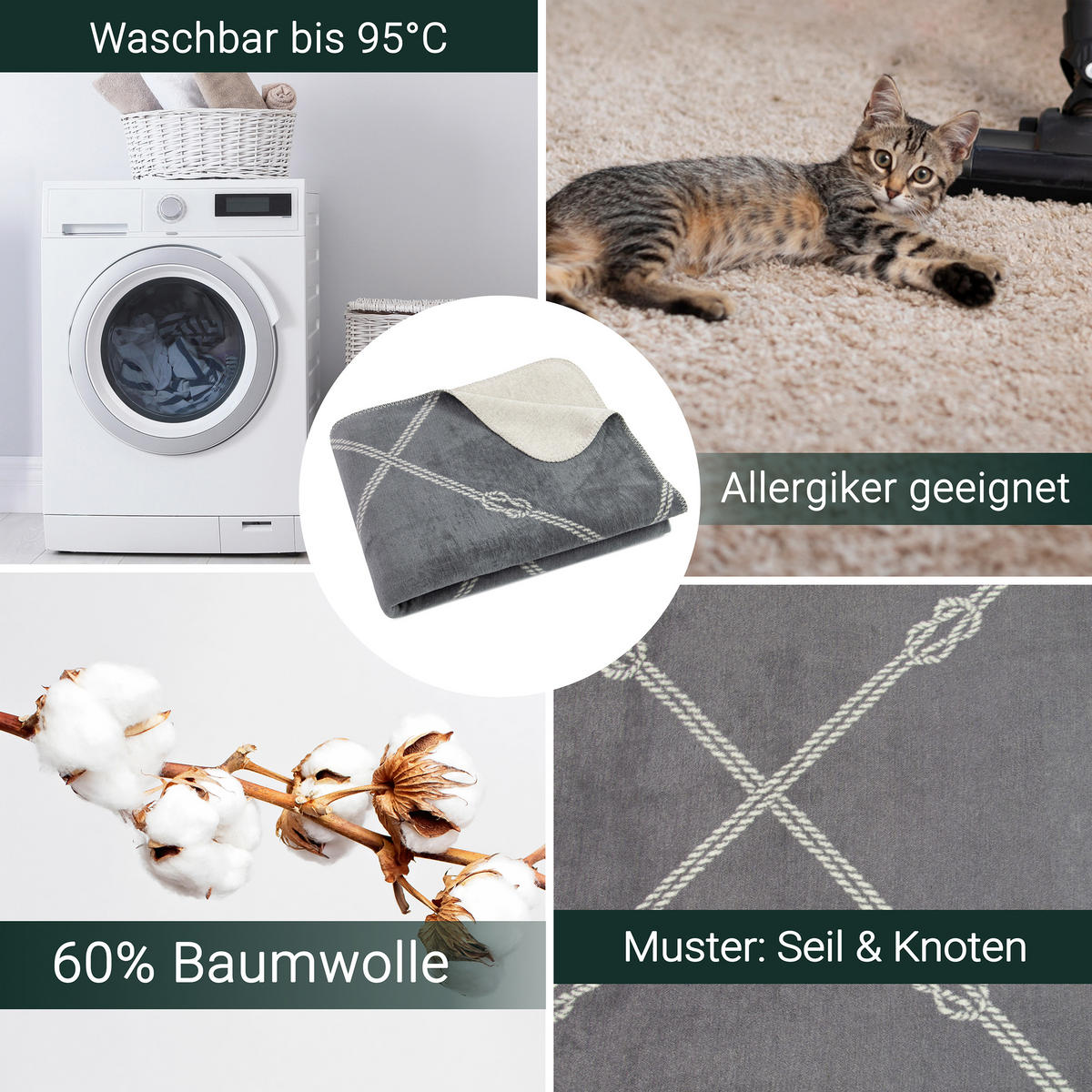 KUSCHELDECKE, 150x200 cm, 60% Baumwolle, 40% Polyacryl, Grau - Grau, Naturmaterialien (150/200cm) - Zollner