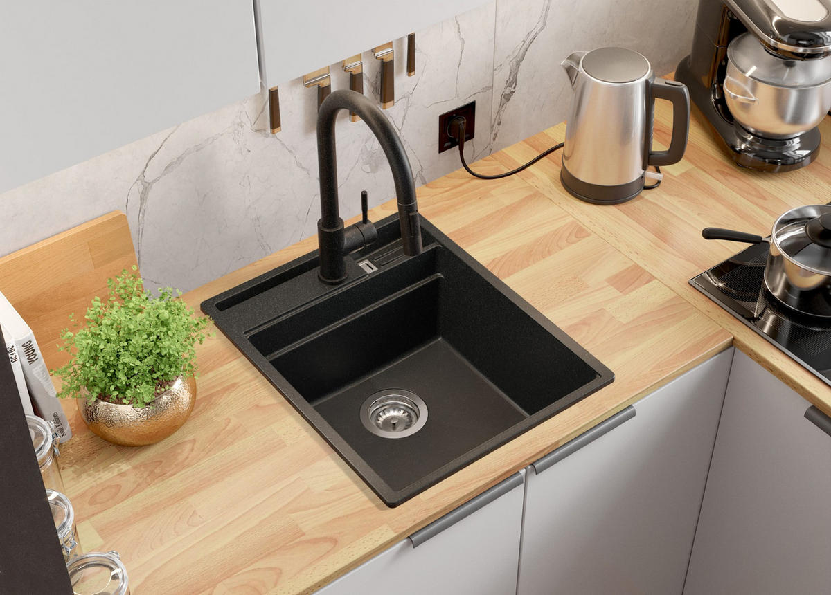 SPÜLBECKEN Oslo, 2-er set Anthrazit 43/53 cm, 1 Becken + Ablauf-Set ab 45er Unterschrank - Chromfarben/Anthrazit, Kunststoff (43/20/53cm) - Primagran
