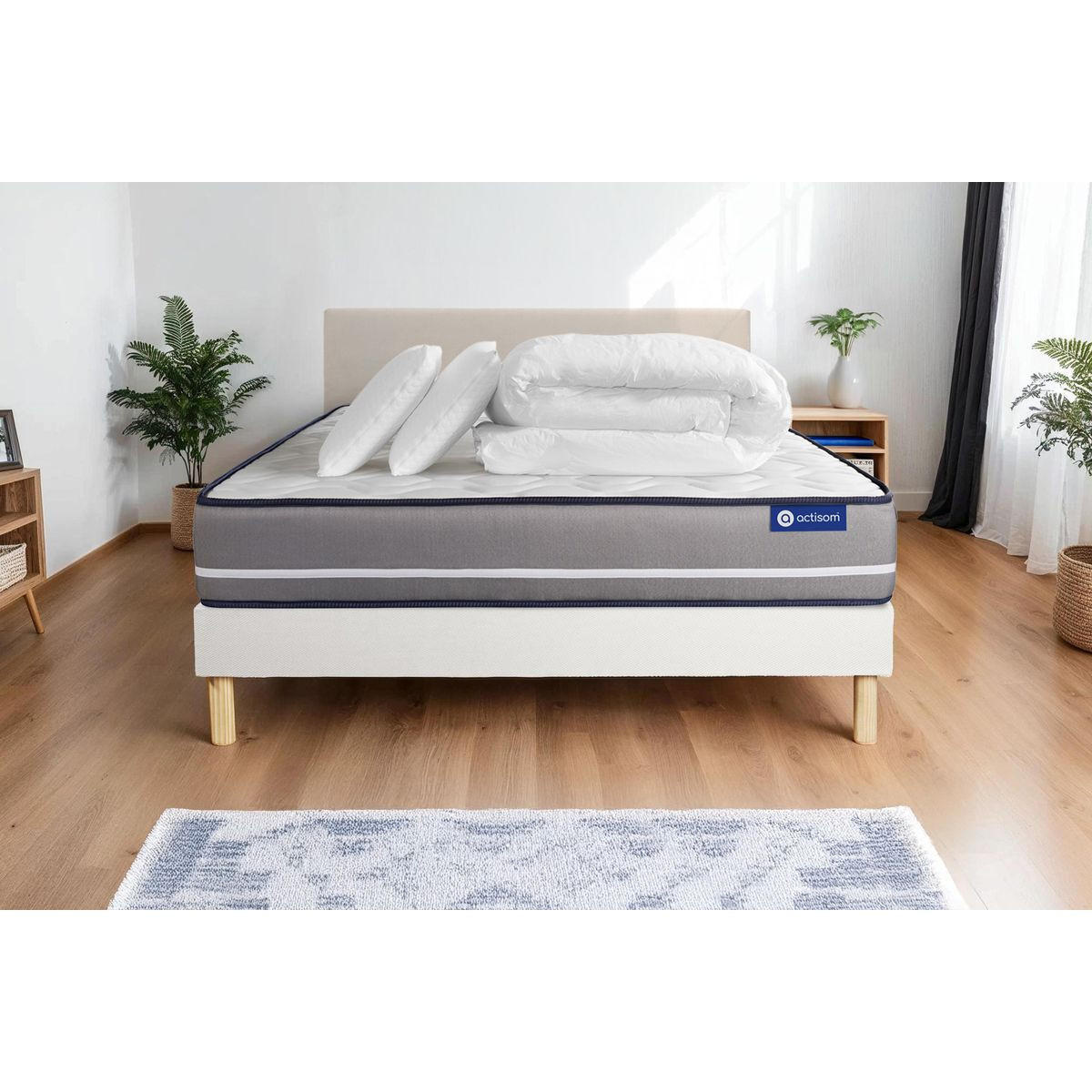 BETT Actiflex pur Taschenfederkern 140 x 200 cm h3 - Kit Bettgestell Weiß - Mit Kissen und Bettdecke - Beige/Weiß, Karton/Holz (140/200cm) - ACTISOM