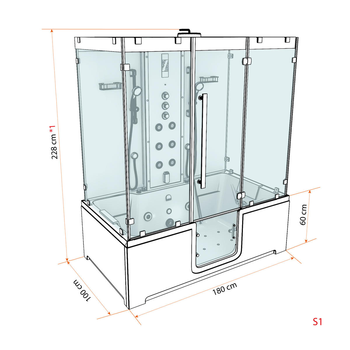 BADEWANNE Dusche K88-WS-EH-C-EA Duschtempel - Weiß, Glas/Kunststoff (100/228/180cm) - AcquaVapore by Sandra Jentho