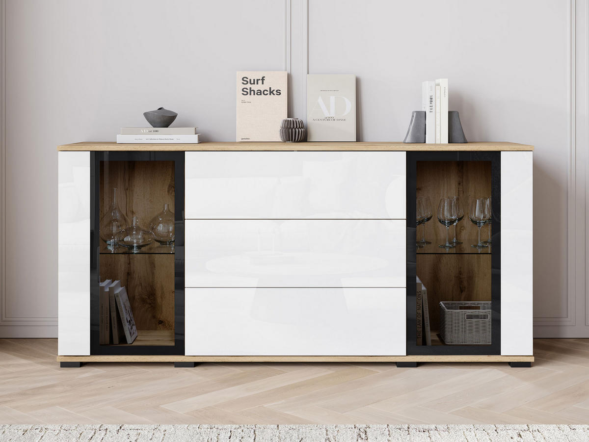 SIDEBOARD Caro SB 150 2D3S - Eiche Wotan/Schwarz, Holzwerkstoff/Kunststoff (150/70/40cm) - MIRJAN24
