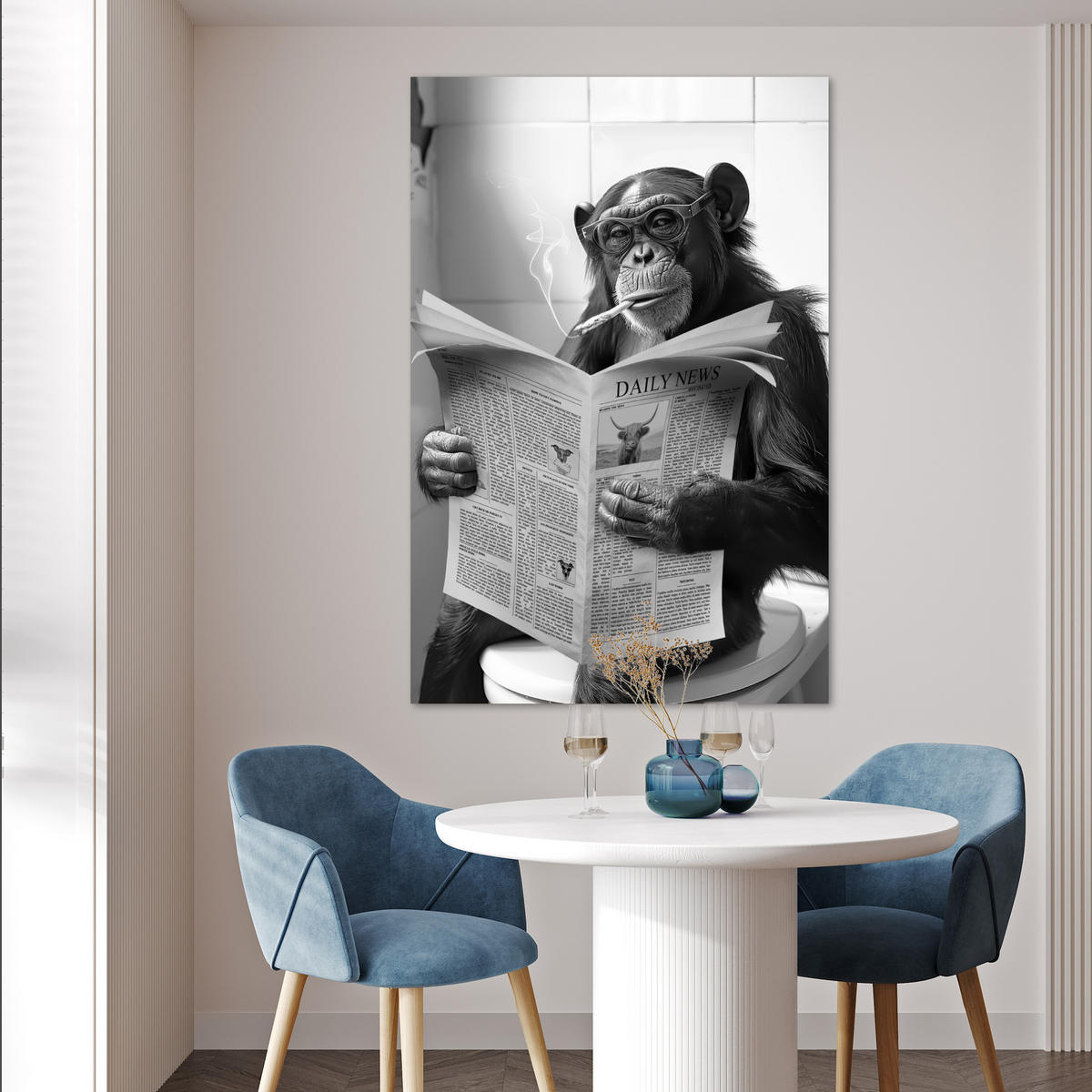 POSTER Affe - WC - Zeitung - Schwarz-Weiß - Humor 80x120 cm - Hellgrau, Papier (80/120/0.1cm) - MuchoWow